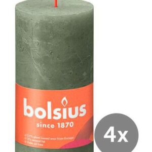 Bolsius 4er Pack Stumpenkerze 130/68 Rustik Shine olivengrün 70