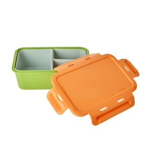 Rice Lunchbox grün mit orangefarbenen Deckel und drei austauschbaren Fächern in grau