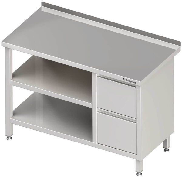 Edelstahl Arbeitstisch mit Grund- und Zwischenboden 90 x 60 x 85 cm mit 2er Schubladenblock rechts ohne Aufkantung verschweißt