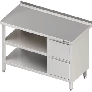 Edelstahl Arbeitstisch mit Grund- und Zwischenboden 190 x 60 x 85 cm mit 2er Schubladenblock rechts ohne Aufkantung verschweißt