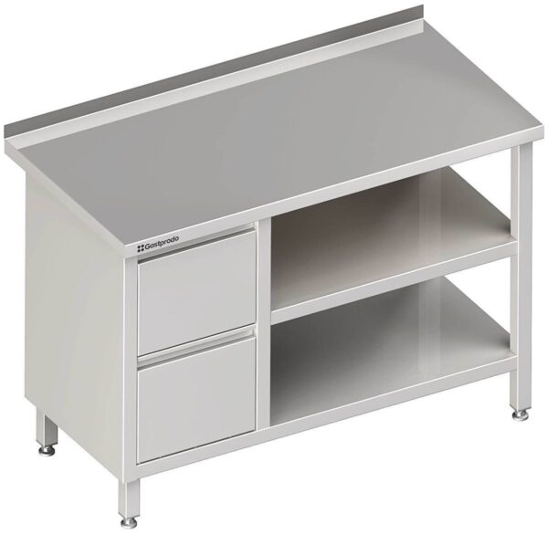 Edelstahl Arbeitstisch mit Grund- und Zwischenboden 130 x 60 x 85 cm mit 2er Schubladenblock links ohne Aufkantung verschweißt