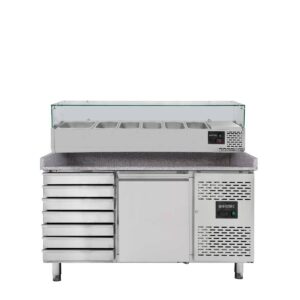 Pizzakühltisch / Pizzatisch BASE 800 - 1 Tür & 7 Schubladen + Kühlaufsatz 5 x GN1/3 & 1 x GN1/2