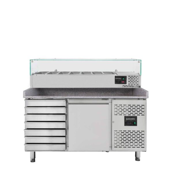 Pizzakühltisch / Pizzatisch BASE 800 - 1 Tür & 7 Schubladen + Kühlaufsatz 7 x GN1/4