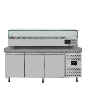 Pizzakühltisch / Pizzatisch BASE 800 - 3 Türen + Kühlaufsatz 9 x GN1/3