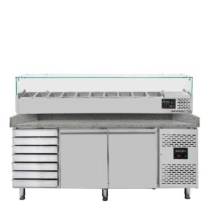 Pizzakühltisch / Pizzatisch BASE 800 - 2 Türen & 7 Schubladen + Kühlaufsatz 7 x GN1/4