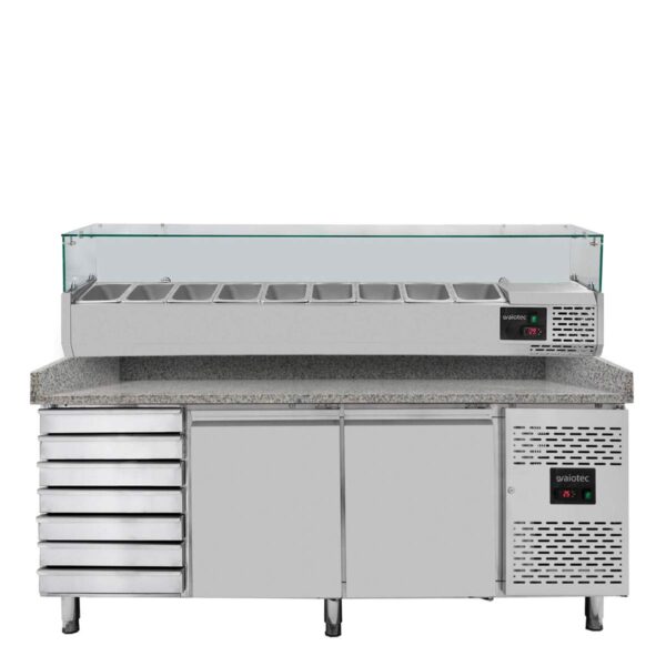 Pizzakühltisch / Pizzatisch BASE 800 - 2 Türen & 7 Schubladen + Kühlaufsatz 9 x GN1/3