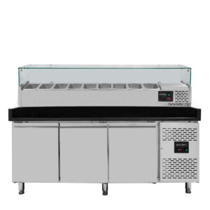 Pizzakühltisch / Pizzatisch BASE 800 schwarz - 3 Türen + Kühlaufsatz 9 x GN1/3