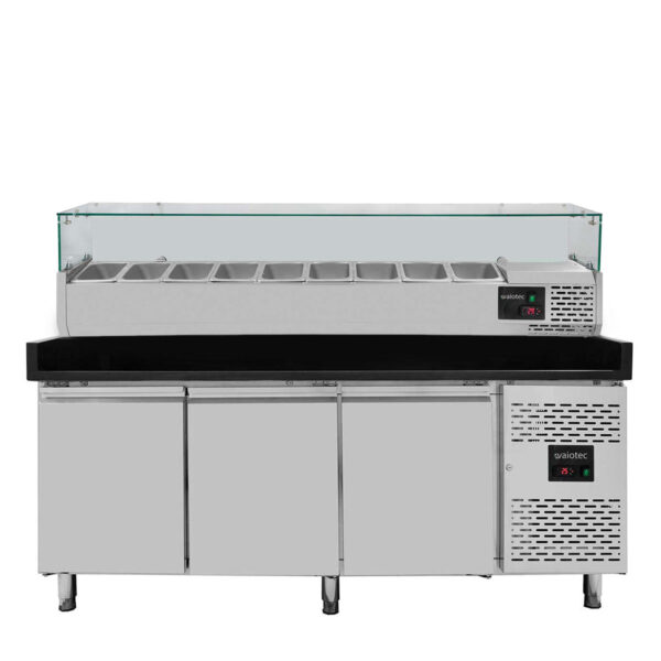 Pizzakühltisch / Pizzatisch BASE 800 schwarz - 3 Türen + Kühlaufsatz 9 x GN1/3