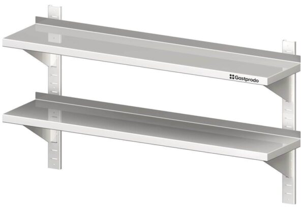 Doppel Edelstahl Wandregal / Wandboard mit Konsolen und Wandschienen 130 x 40 x 66 cm höhenverstellbar verschweißt