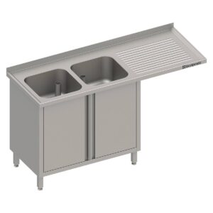 Edelstahl Spülschrank mit Flügeltüren + Überstand 180 x 70 x 90 cm - 2 Becken links