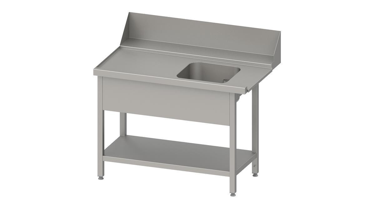 Edelstahl Zulauftisch PRO Korbführung mit Gefälle & Grundbogen + 1 Becken 140 x 75 x 88 cm Anbauseite links + 200 mm Aufkantung 1 Edelstahl Zulauftisch PRO Korbführung mit Gefälle & Grundbogen + 1 Becken 180 x 75 x 88 cm Anbauseite links + 200 mm Aufkantung