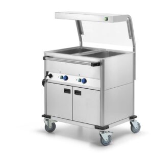 Bain-Marie Wagen 2x GN1/1 & Hustenschutz mit LED-Beleuchtung und Frontglas &  beheizter Unterschrank