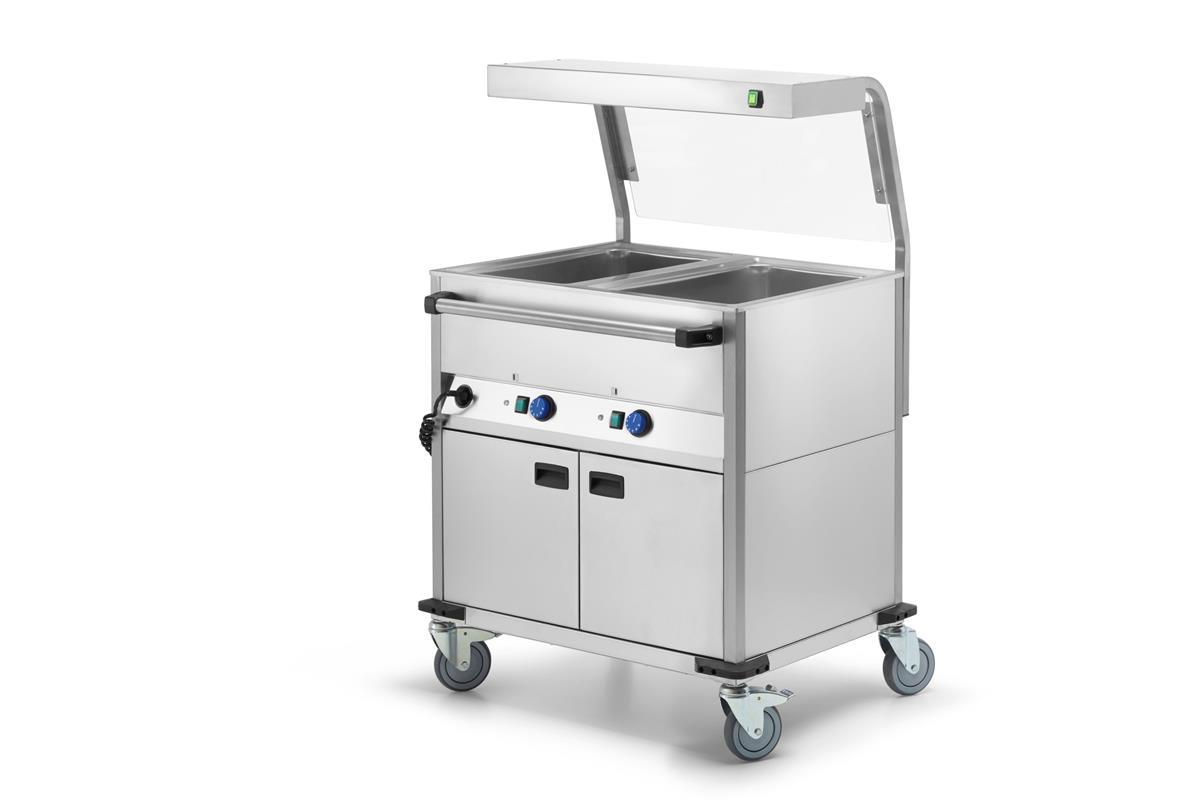 Bain-Marie Wagen 2x GN1/1 & Hustenschutz mit LED-Beleuchtung und Frontglas 1 Bain-Marie Wagen 2x GN1/1 & Hustenschutz mit LED-Beleuchtung und Frontglas & beheizter Unterschrank