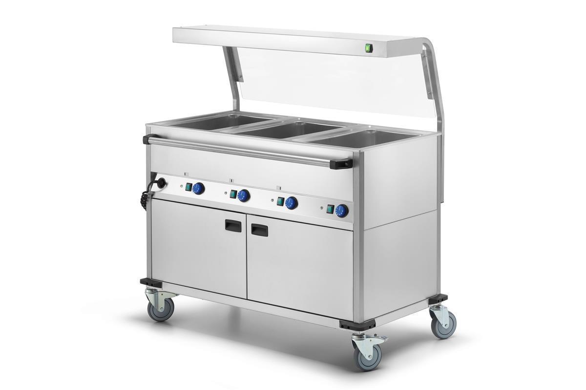 Bain-Marie Wagen 3x GN1/1 & Hustenschutz mit LED-Beleuchtung und Frontglas 1 Bain-Marie Wagen 3x GN1/1 & Hustenschutz mit LED-Beleuchtung und Frontglas