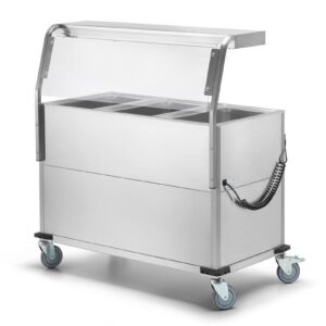Bain-Marie Wagen 2x GN1/1 mit Hustenschutz &  Halogen-Oberhitze  &  beheizter Unterschrank