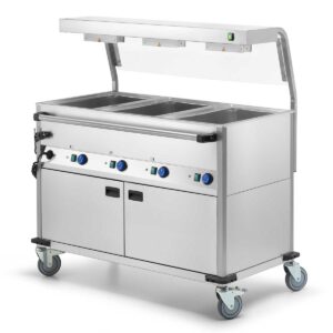 Bain-Marie Wagen 2x GN1/1 mit Hustenschutz &  Halogen-Oberhitze