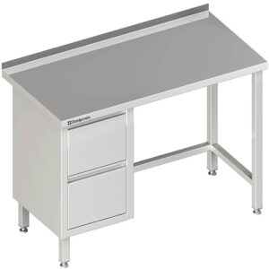 Edelstahl Arbeitstisch ohne Grundboden 280 x 70 x 85 cm mit 2er Schubladenblock links mit Aufkantung verschweißt