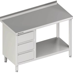 Edelstahl Arbeitstisch mit Grundboden 280 x 70 x 85 cm mit 3er Schubladenblock links mit Aufkantung verschweißt