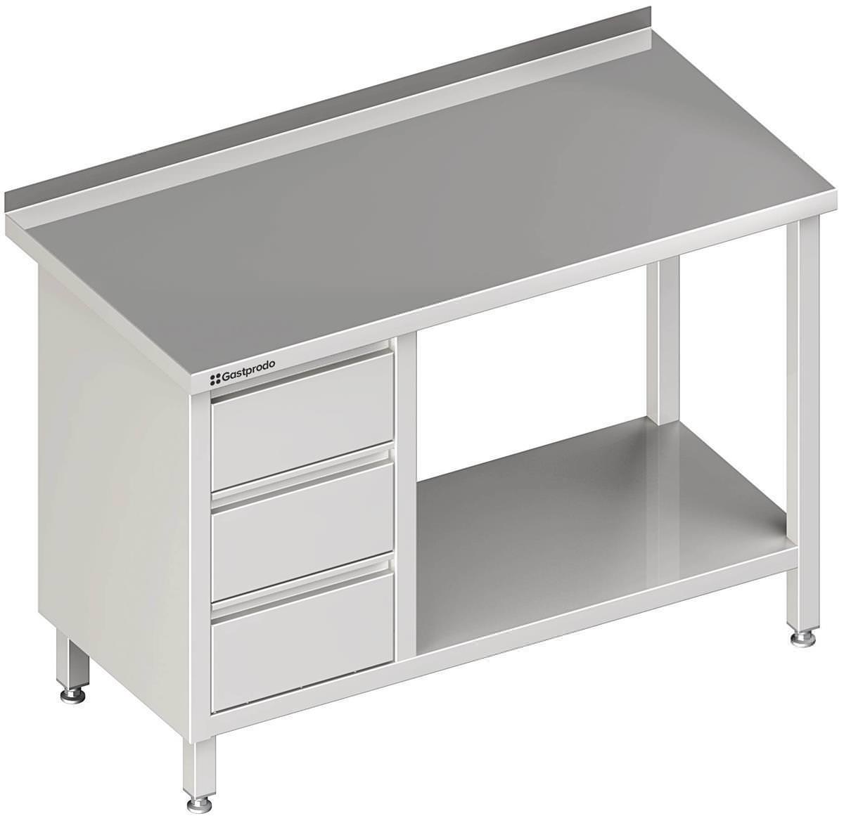 Edelstahl Arbeitstisch mit Grundboden 240 x 70 x 85 cm mit 3er Schubladenblock links ohne Aufkantung verschweißt 1 Edelstahl Arbeitstisch mit Grundboden 280 x 70 x 85 cm mit 3er Schubladenblock links mit Aufkantung verschweißt