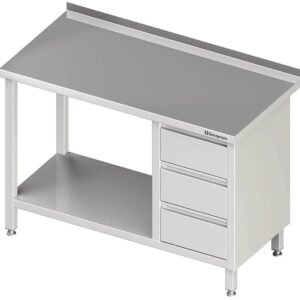 Edelstahl Arbeitstisch mit Grundboden 280 x 70 x 85 cm mit 3er Schubladenblock rechts mit Aufkantung verschweißt
