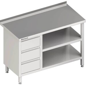 Edelstahl Arbeitstisch mit Grund- und Zwischenboden 280 x 70 x 85 cm mit 3er Schubladenblock links mit Aufkantung verschweißt