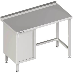 Edelstahl Arbeitstisch ohne Grundboden 280 x 70 x 85 cm mit Flügeltürschrank links mit Aufkantung verschweißt