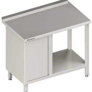 Edelstahl Arbeitstisch mit Grundboden 280 x 70 x 85 cm mit Flügeltürschrank links mit Aufkantung verschweißt