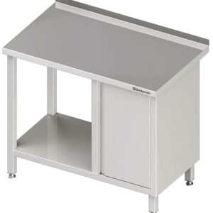 Edelstahl Arbeitstisch mit Grundboden 280 x 70 x 85 cm mit Flügeltürschrank rechts mit Aufkantung verschweißt