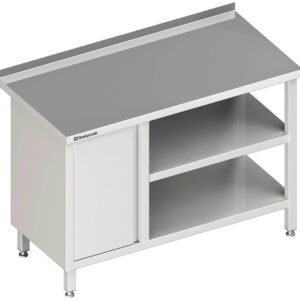 Edelstahl Arbeitstisch mit Grund- und Zwischenboden 280 x 70 x 85 cm mit Flügeltürschrank links mit Aufkantung verschweißt