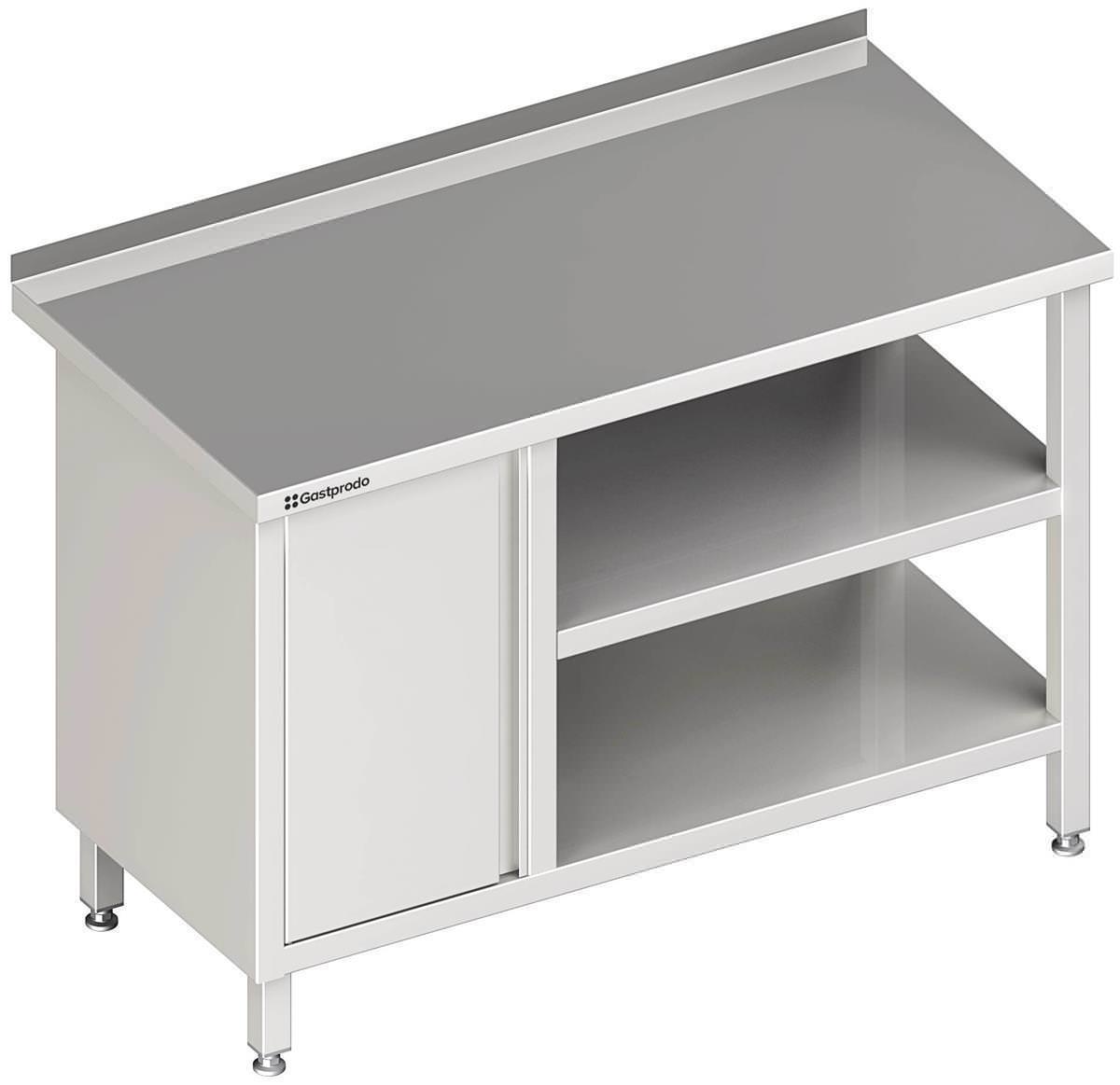 Edelstahl Arbeitstisch mit Grund- und Zwischenboden 280 x 70 x 85 cm mit Flügeltürschrank links mit Aufkantung verschweißt