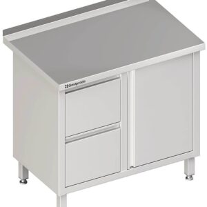 Edelstahl Arbeitsschrank mit Flügeltür 100 x 70 x 85 cm mit 2er Schubladenblock links mit Aufkantung verschweißt