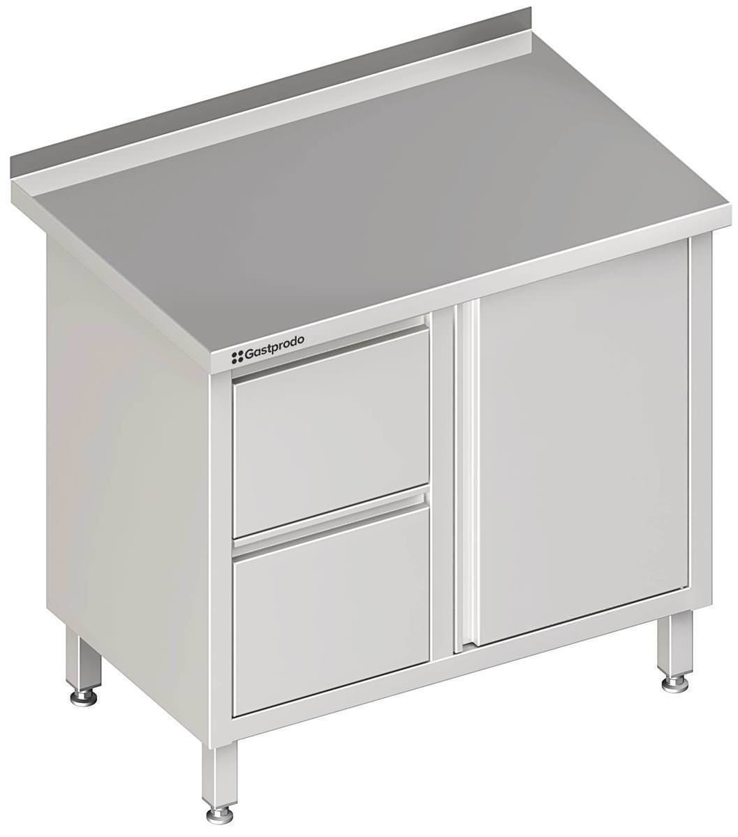 Edelstahl Arbeitsschrank mit Flügeltür 90 x 60 x 85 cm mit 2er Schubladenblock links ohne Aufkantung verschweißt 1 Edelstahl Arbeitsschrank mit Flügeltür 100 x 70 x 85 cm mit 2er Schubladenblock links mit Aufkantung verschweißt