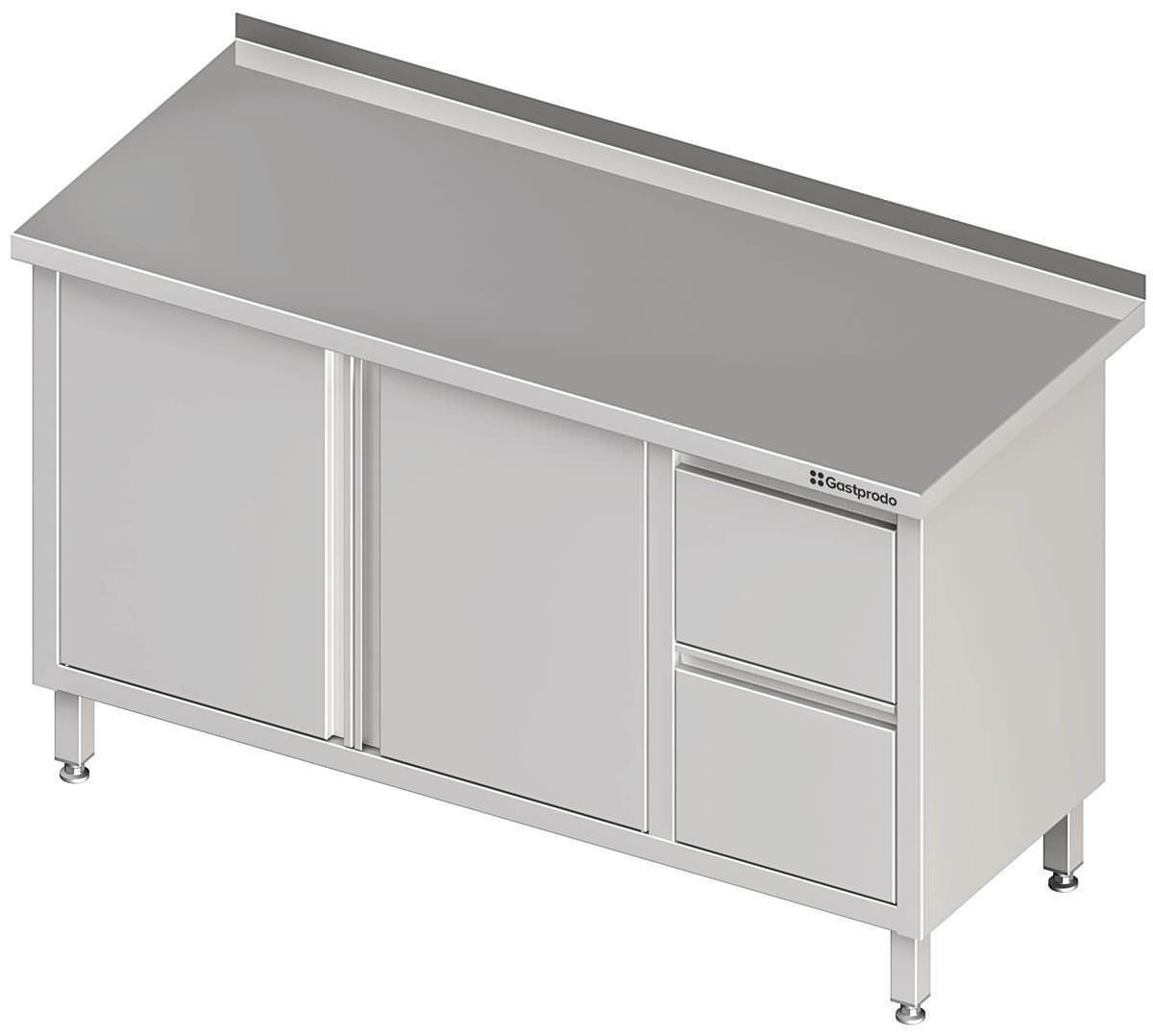 Edelstahl Arbeitsschrank mit Flügeltüren 180 x 70 x 85 cm mit 2er Schubladenblock rechts ohne Aufkantung verschweißt 1 Edelstahl Arbeitsschrank mit Flügeltüren 190 x 70 x 85 cm mit 2er Schubladenblock rechts mit Aufkantung verschweißt