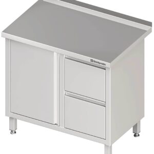 Edelstahl Arbeitsschrank mit Flügeltür 100 x 70 x 85 cm mit 2er Schubladenblock rechts mit Aufkantung verschweißt