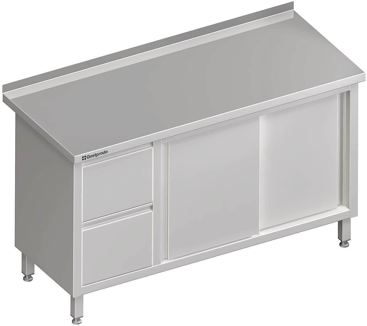 Edelstahl Arbeitsschrank mit Schiebetüren 180 x 70 x 85 cm mit 2er Schubladenblock links mit Aufkantung verschweißt 1 Edelstahl Arbeitsschrank mit Schiebetüren 190 x 70 x 85 cm mit 2er Schubladenblock links mit Aufkantung verschweißt