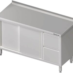 Edelstahl Arbeitsschrank mit Schiebetüren 190 x 70 x 85 cm mit 2er Schubladenblock rechts mit Aufkantung verschweißt