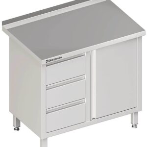 Edelstahl Arbeitsschrank mit Flügeltür 100 x 70 x 85 cm mit 3er Schubladenblock links mit Aufkantung verschweißt