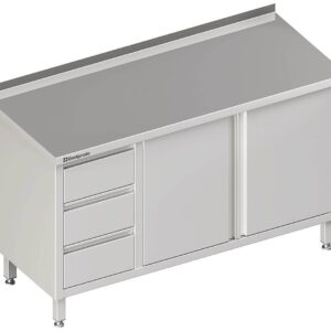 Edelstahl Arbeitsschrank mit Flügeltüren 190 x 70 x 85 cm mit 3er Schubladenblock links mit Aufkantung verschweißt
