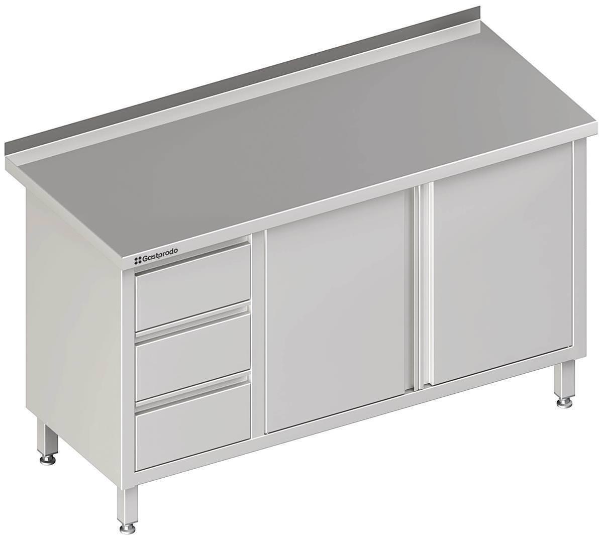 Edelstahl Arbeitsschrank mit Flügeltüren 120 x 70 x 85 cm mit 3er Schubladenblock links ohne Aufkantung verschweißt 1 Edelstahl Arbeitsschrank mit Flügeltüren 190 x 70 x 85 cm mit 3er Schubladenblock links mit Aufkantung verschweißt