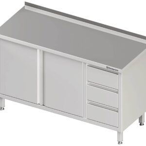 Edelstahl Arbeitsschrank mit Flügeltüren 190 x 70 x 85 cm mit 3er Schubladenblock rechts mit Aufkantung verschweißt