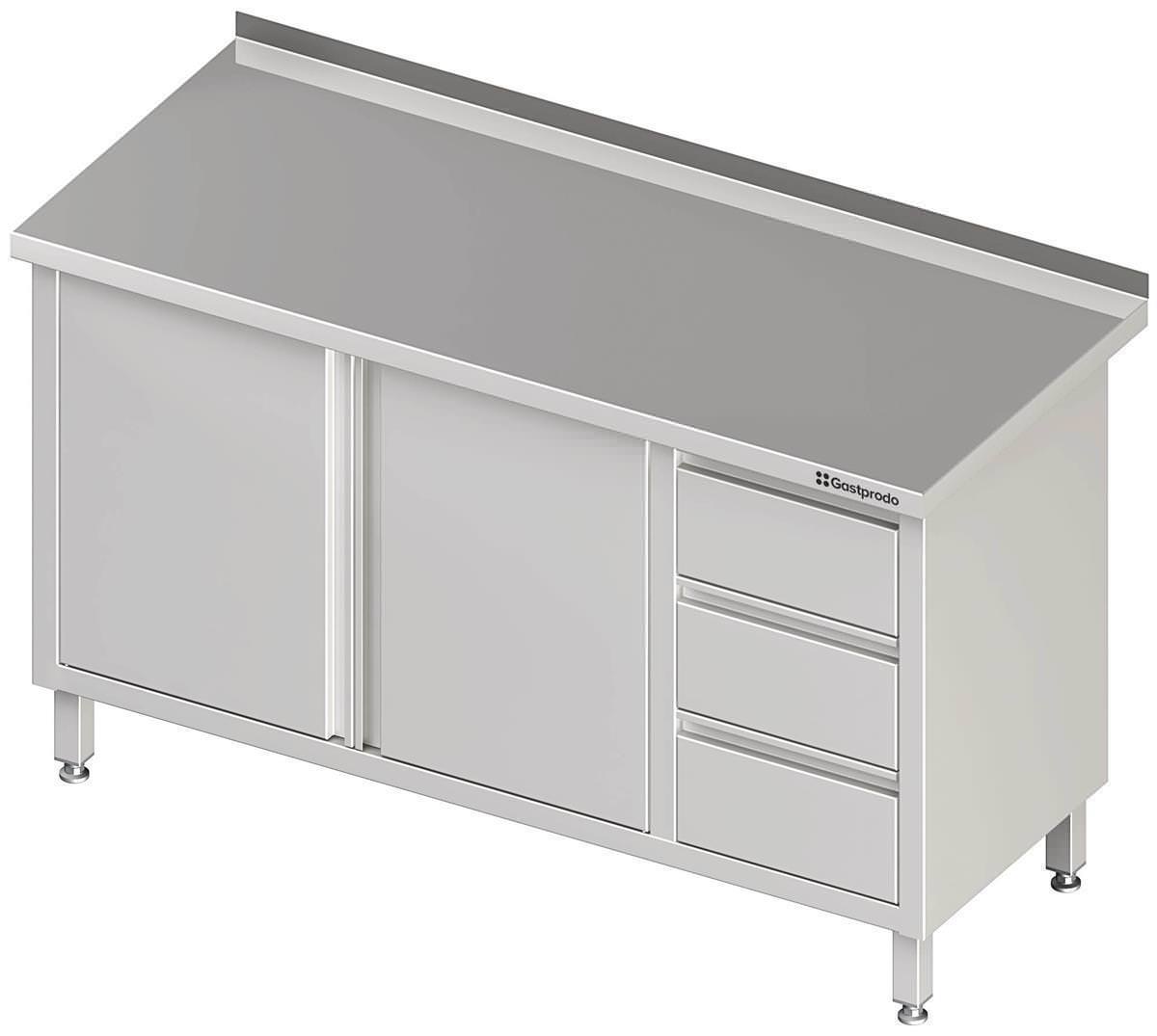 Edelstahl Arbeitsschrank mit Flügeltüren 130 x 70 x 85 cm mit 3er Schubladenblock rechts ohne Aufkantung verschweißt 1 Edelstahl Arbeitsschrank mit Flügeltüren 190 x 70 x 85 cm mit 3er Schubladenblock rechts mit Aufkantung verschweißt