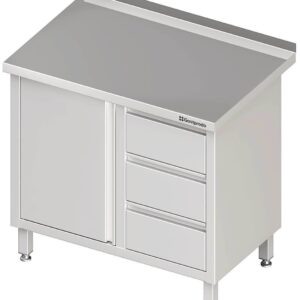 Edelstahl Arbeitsschrank mit Flügeltür 100 x 70 x 85 cm mit 3er Schubladenblock rechts mit Aufkantung verschweißt