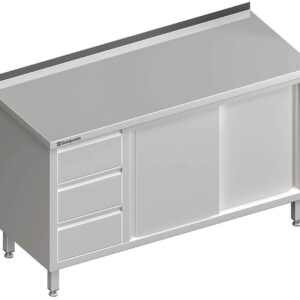 Edelstahl Arbeitsschrank mit Schiebetüren 190 x 70 x 85 cm mit 3er Schubladenblock links mit Aufkantung verschweißt