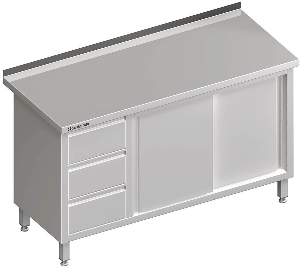 Edelstahl Arbeitsschrank mit Schiebetüren 170 x 70 x 85 cm mit 3er Schubladenblock links mit Aufkantung verschweißt 1 Edelstahl Arbeitsschrank mit Schiebetüren 190 x 70 x 85 cm mit 3er Schubladenblock links mit Aufkantung verschweißt