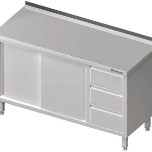 Edelstahl Arbeitsschrank mit Schiebetüren 190 x 70 x 85 cm mit 3er Schubladenblock rechts mit Aufkantung verschweißt