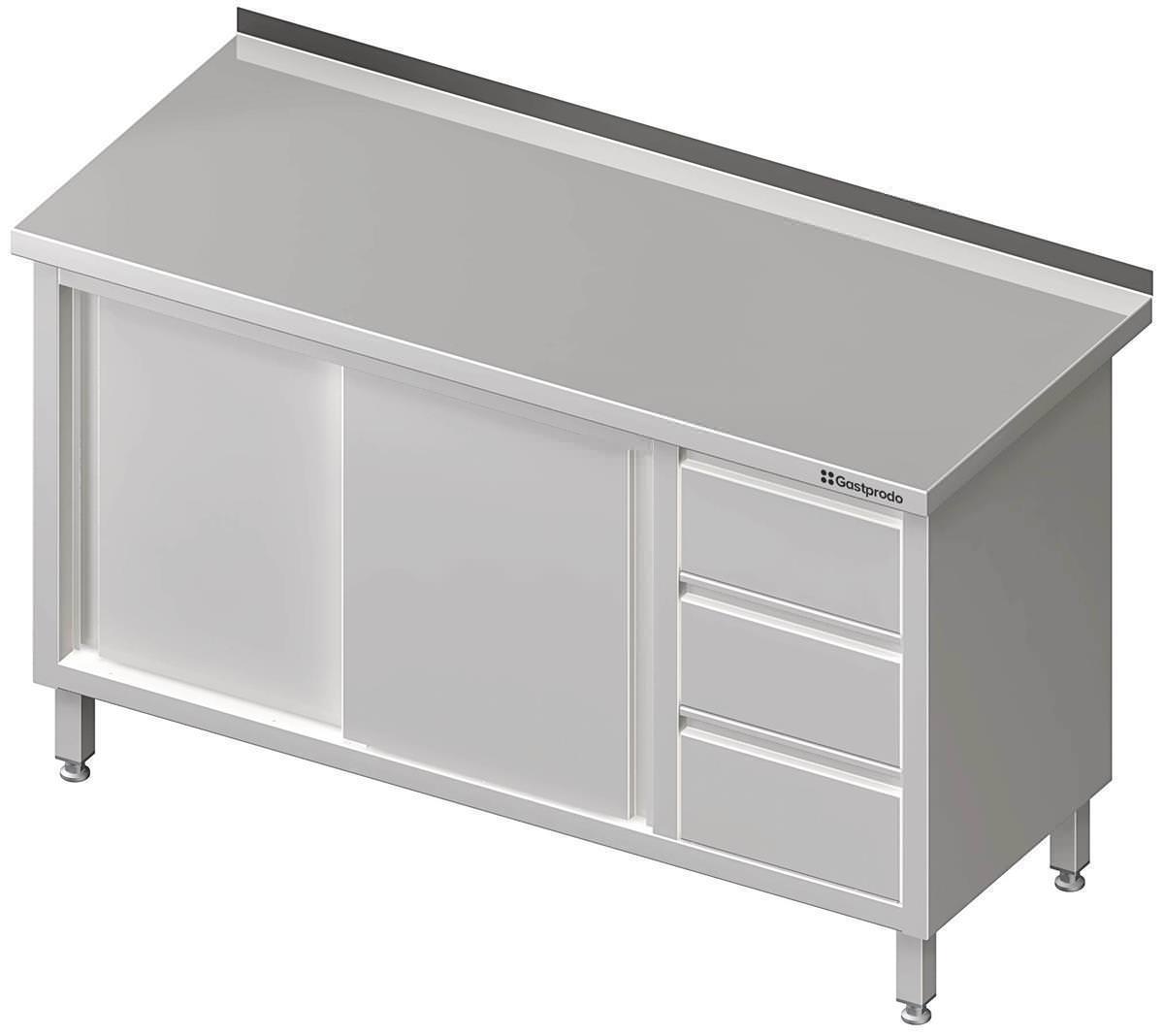 Edelstahl Arbeitsschrank mit Schiebetüren 130 x 70 x 85 cm mit 3er Schubladenblock rechts mit Aufkantung verschweißt 1 Edelstahl Arbeitsschrank mit Schiebetüren 190 x 70 x 85 cm mit 3er Schubladenblock rechts mit Aufkantung verschweißt