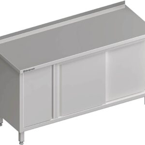 Edelstahl Arbeitsschrank mit Schiebetüren 190 x 70 x 85 cm mit Flügeltürschrank links mit Aufkantung verschweißt