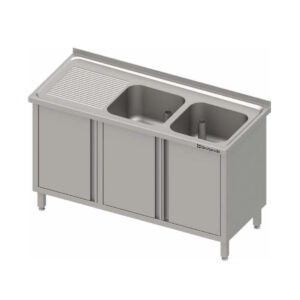 Edelstahl Spülschrank mit Flügeltüren 130 x 70 x 85 cm - 2 Becken rechts