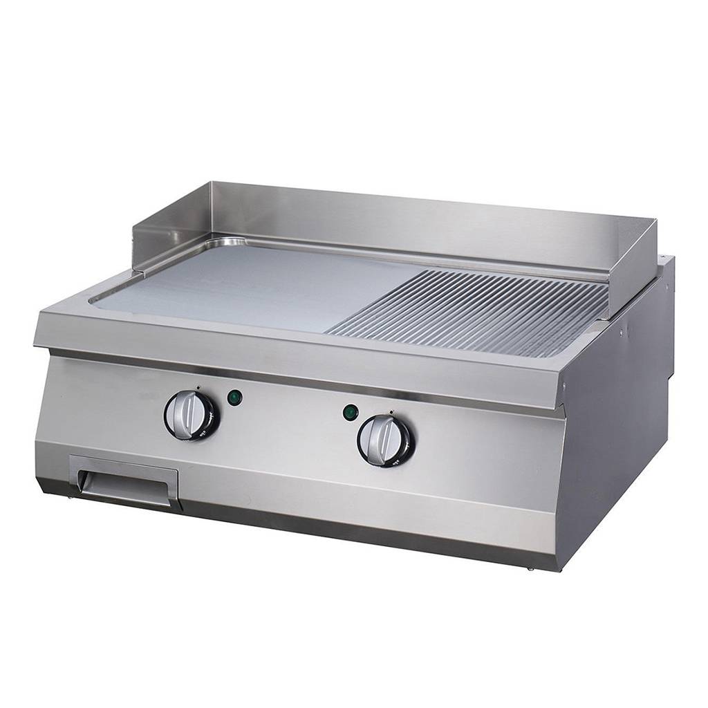 Elektro Grillplatte Heavy Duty - ½ glatt / ½ gerillt - 2 Heizzonen + Spritzschutz 1 Elektro Grillplatte Heavy Duty - ½ glatt / ½ gerillt - 2 Heizzonen