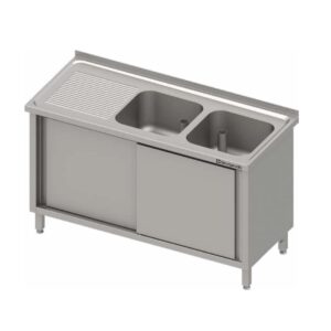 Edelstahl Spülschrank mit Schiebetüren 130 x 70 x 85 cmm - 2 Becken rechts